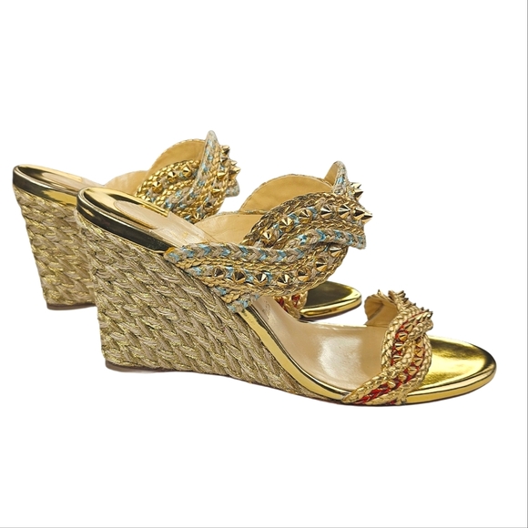 CHRISTIAN LOUBOUTIN Braided Gold-Studded Leather Wedge Sandals - Picture 7 of 13
